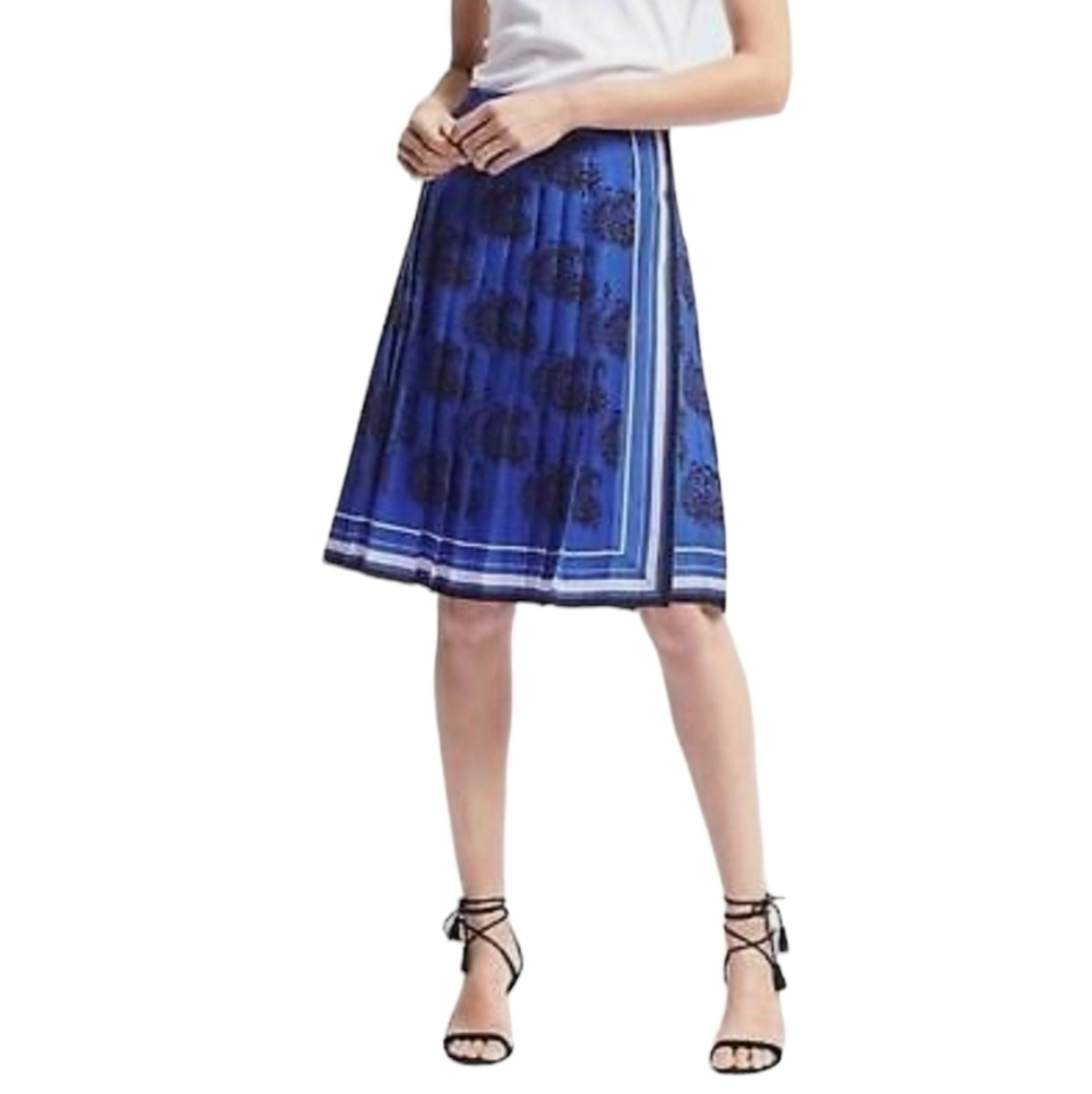 Vibrant Blue Pleated Skirt with Paisley Print, Size XS